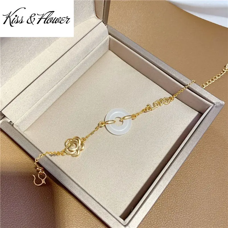 

KISS&FLOWER BR252 Fine Jewelry Wholesale Fashion Woman Bride Birthday Wedding Gift Vintage Hollow Rose Flower 24KT Gold Bracelet