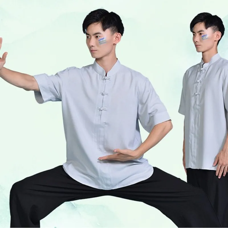 Thin Unisex Short Sleeve Kung Fu Shirt Martial Arts Cotton Linen Solid Color Wing Chun Tops Shirts Stand Collar Tai Chi Shirt