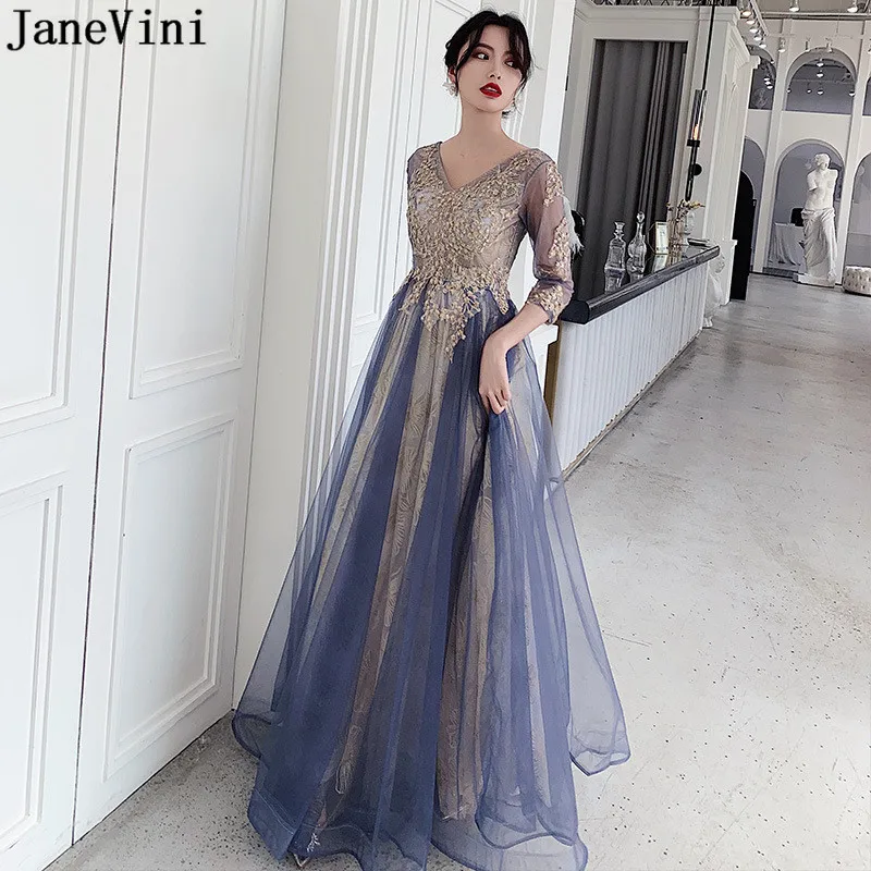 

JaneVini Dreamlike Blue Bridesmaids Dresses for Women Long Appliques V Neck A Line Maid Of Honor Gown Vestido De Mujer De Fiesta