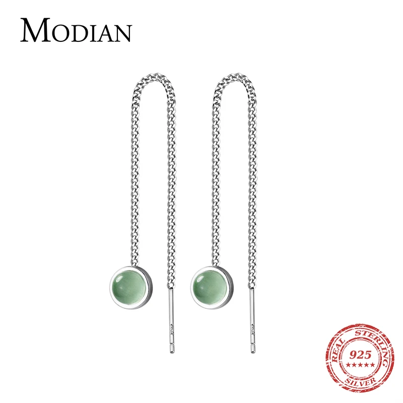 Modian Fashion Dangle Earring 925 Sterling Silver Round Green Opal Long Chain Drop Earrings for Women Authentic Silver Jewelry