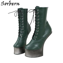 Sorbern stivali con tacchi a cavallo Vintage donna stivaletti alti con lacci stivali Fetish Heelless verde scuro per Crossdresser Drag Queen Shoe