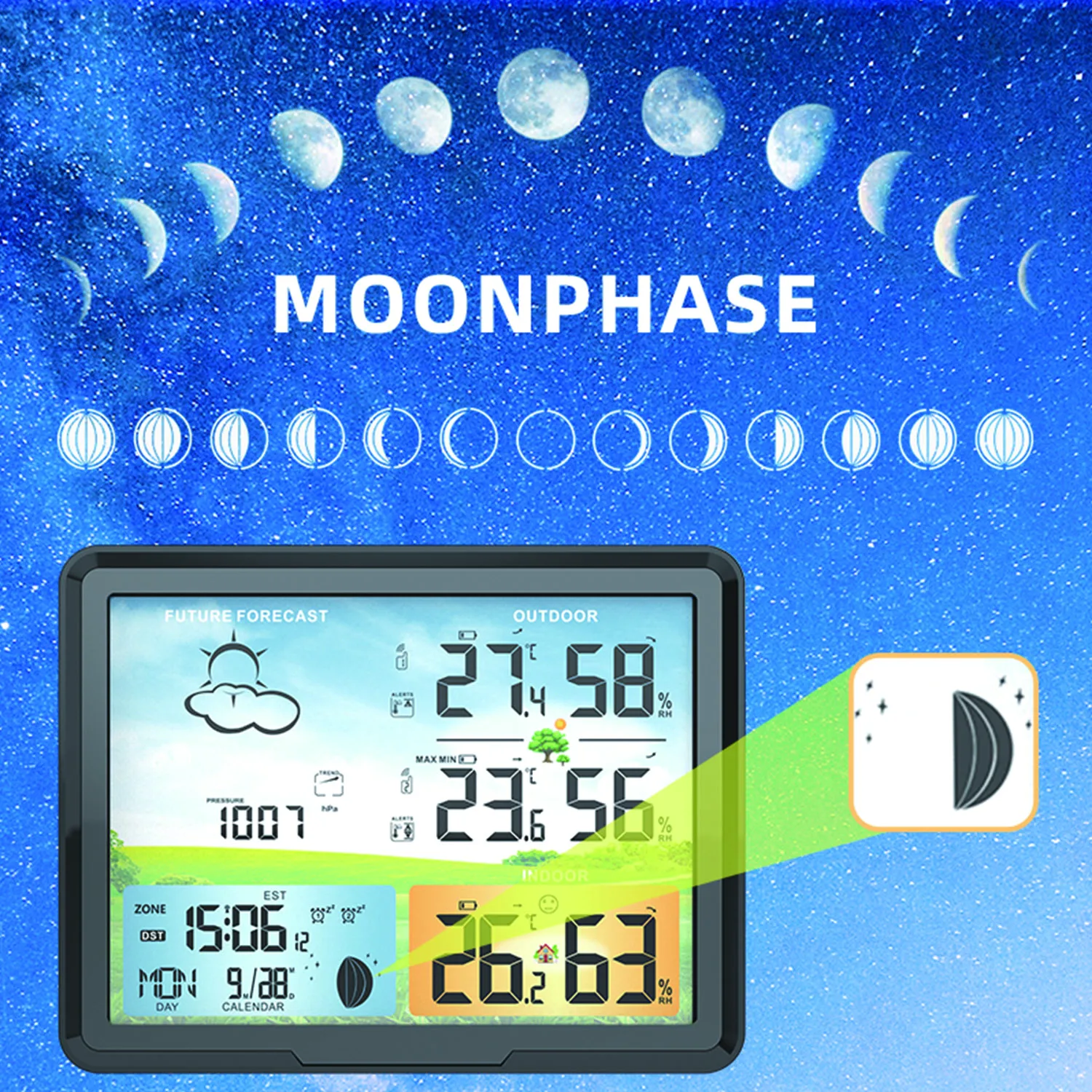 PT20 Multifunction wireless Weather Station Colorful LCD Alarm Clock Indoor Weather Forecast Barometer Thermometer Hygrometer