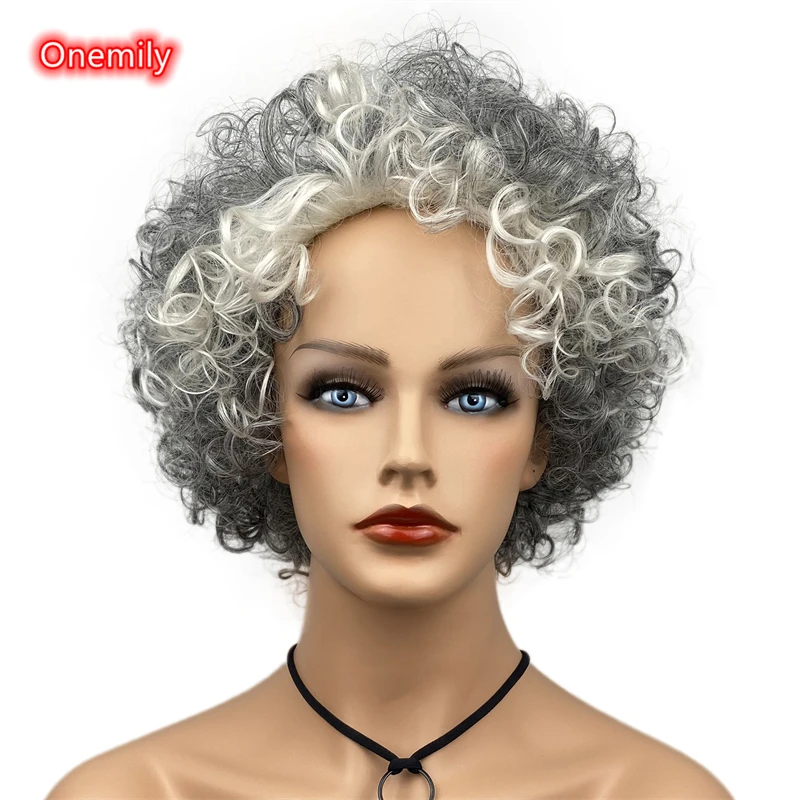 Onemily Dark Gray Cream Mixed Short Curly Black Women Wigs Heat Friendly Smooth Natural Hair