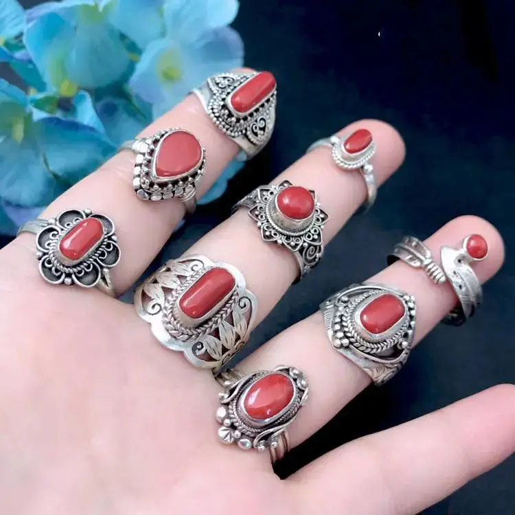 Designer original new retro inlaid dzi bead opening adjustable couple ring personality exaggerated saddle ethnic style jewelry