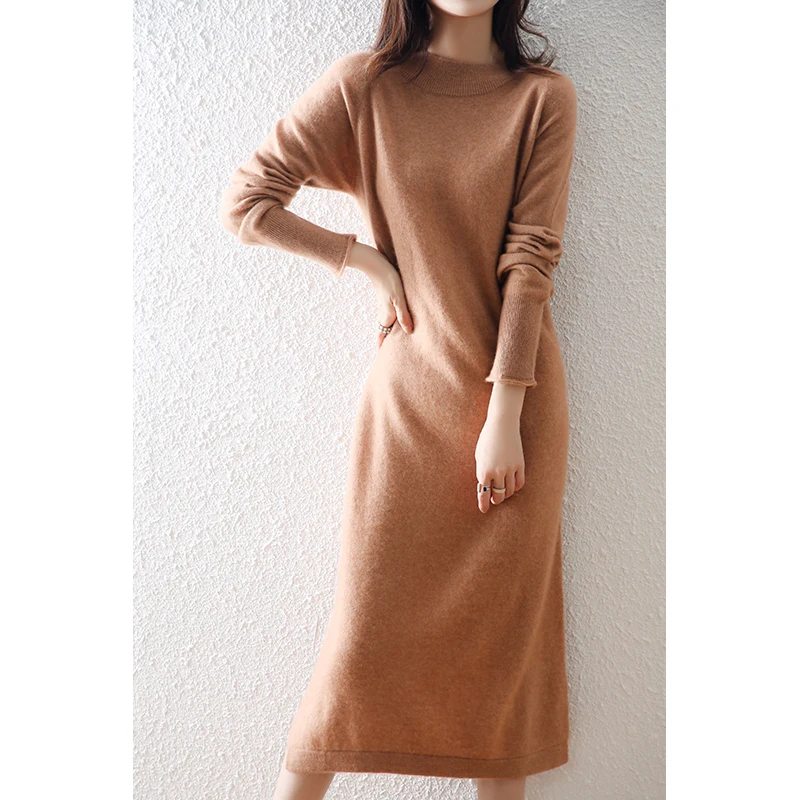 Fashion Women Sweater Dress O-neck 100% Wool Casual Solid Color Knitted Pullover Autumn Winter Female Loose Long-Style Dress