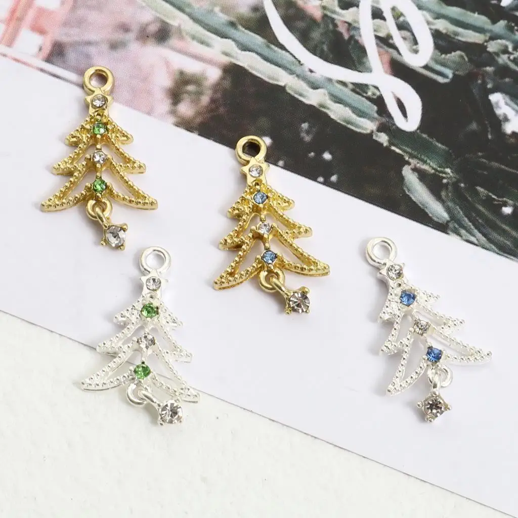 10pcs New Fashion Christmas Tree Charms Multicolor Rhinestone Pendants DIY Making Necklace Earrings Jewelry Findings 27mmx15mm