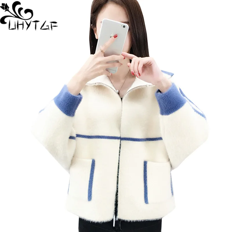 

UHYTGF Elegant Student Autumn Winter Sweater Women Fashion Mink Fleece Knitted Short Tops Ladies Loose Cardigan Female Coat 1844