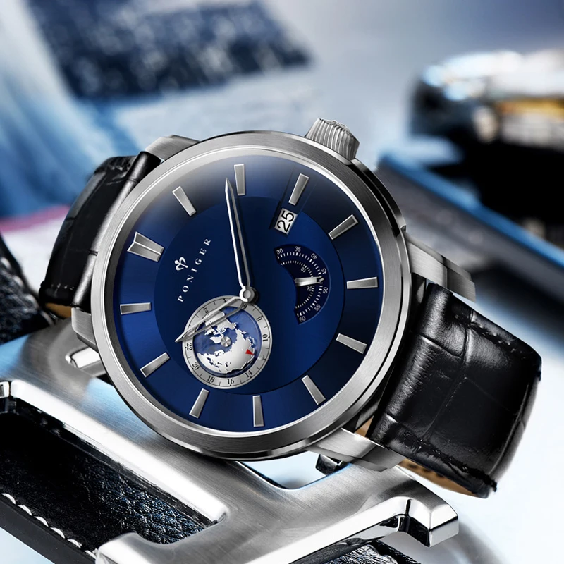 PONIGER ساعة ميكانيكية أوتوماتيكية للرجال فاخرة من الفولاذ المقاوم للصدأ، خريطة العالم، قرص من زجاج الياقوت المقاوم للماء مع التاريخ
