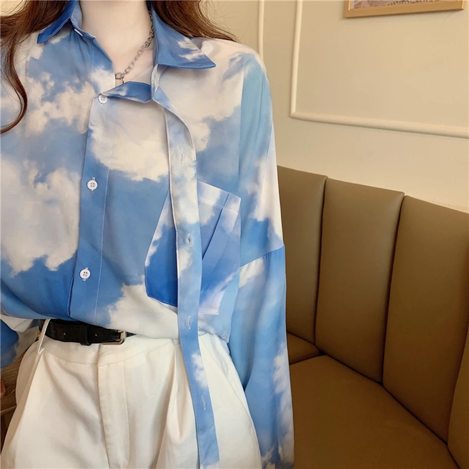 Chemise surdimensionnée à manches longues pour femmes, chemisier coréen Harajuku, bleu ciel et nuages blancs, nickel é de embauaught, rendu BF