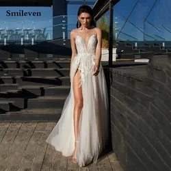 Smileven Spaghetti Straps Beach Wedding Dress Boho vestido de noiva Side Split Lace Bridal Dress Backless Feather Wedding Gowns