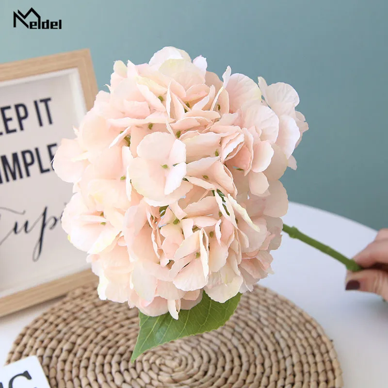 Meldel Fake Hydrangea Flower Bouquet Single Branch Hydrangea Artificial Silk Flower Bridal Wedding Flowers Home Party Room Decor