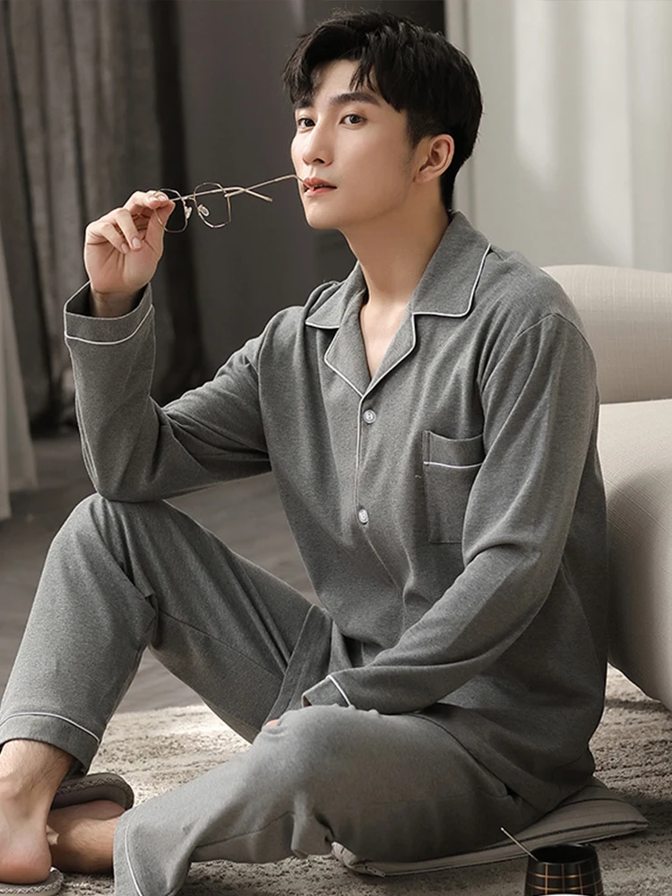 Blue Sleepwear 100% Cotton Pijama Long Sleeves Button-Down Winter Men Pajama Set 2Pieces Pure Cotton Nightwear PJ Pyjama Homme