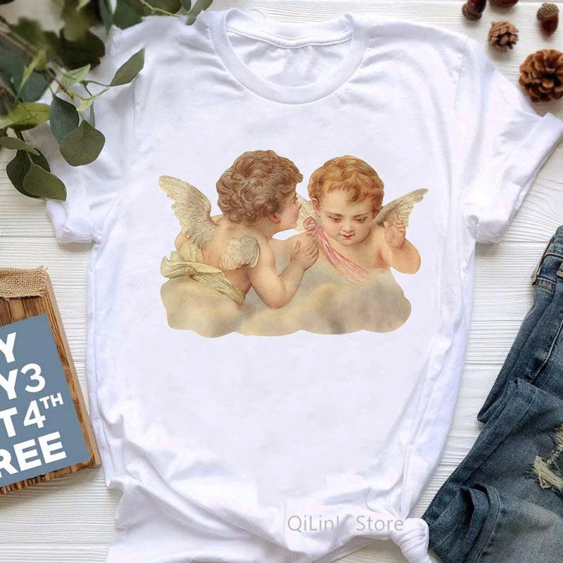 

Vintage Angel Print Short Sleeve Shirt Women Sexy Crop Tops 2024 Summer Casual Basic Woman T Shirts White t-shirt female