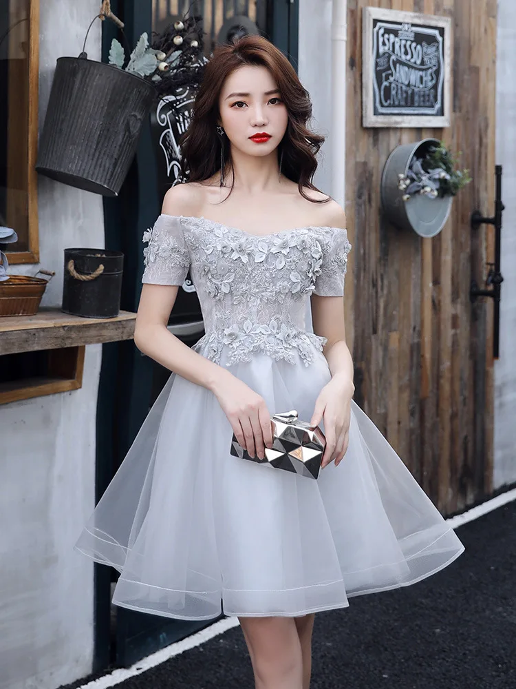 Boat Neck Floral Applique Evening Dress Short Sleeve Tulle With Beads Evening Dresses Short Real Photo Elegant Vestido De Festa