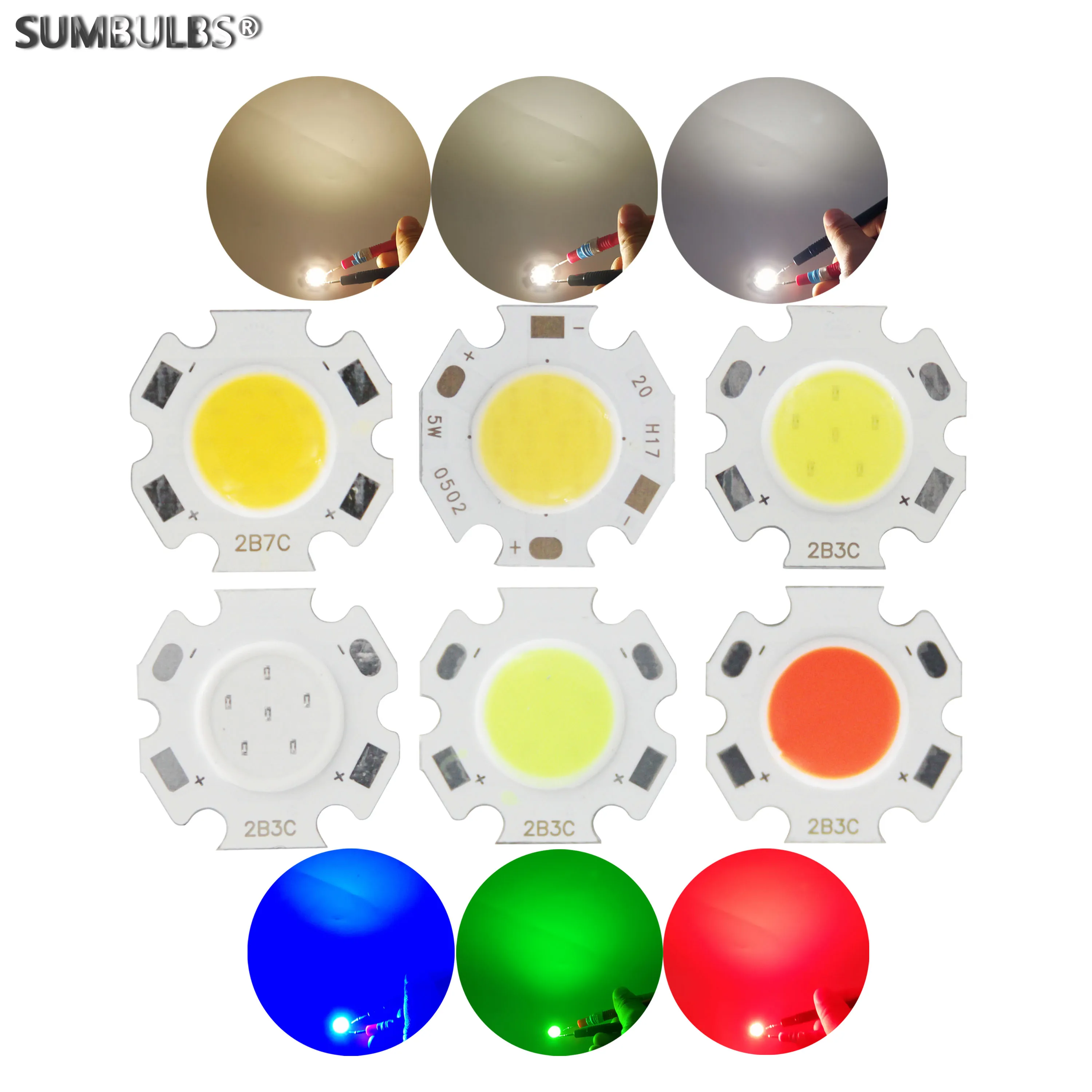 SUMBULBS 10pcs/Lot 20mm Diameter 20-0502 5W 15v DC Round LED COB Light Source For Spotlight Down Lamp Red Blue Green Warm White