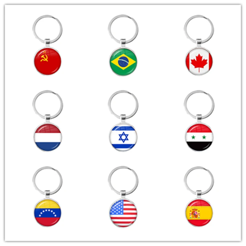 Soviet Union,Brazil,Canada,Netherlands,Israel,Syria,Venezuela,United States,Spain National Flag Glass Cabochon Keychain Keyrings