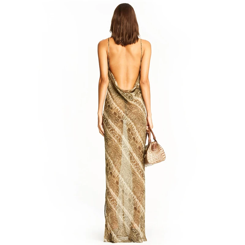 Slangenprint chiffon sexy vrouwen lange party slip maxi pure jurk riem backless split elegante 2024 herfstkleding