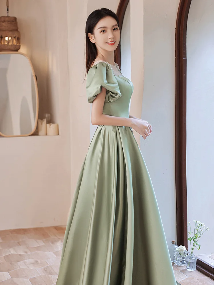 Elegant พัฟแขนชุดราตรีสำหรับผู้หญิงสีทึบ Patchwork สแควร์คอ A-Line Lace Up Slim ชุดวันเกิด Party Gowns