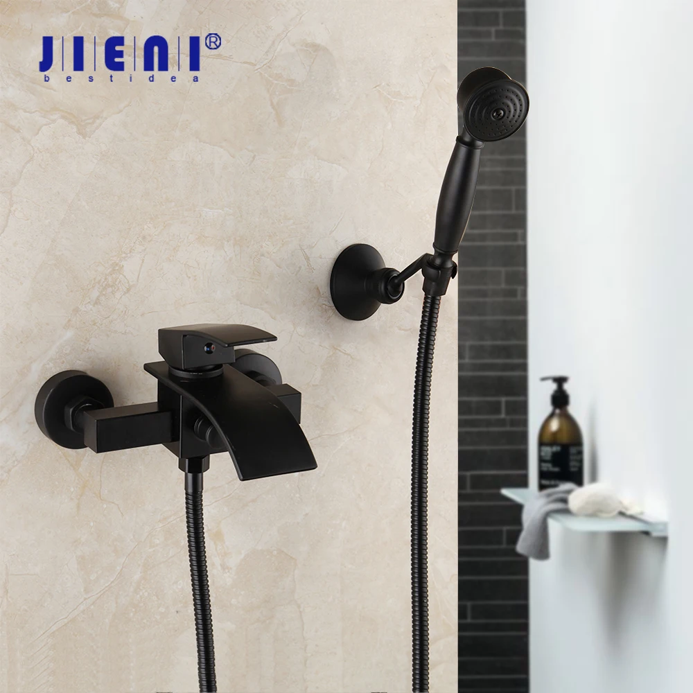 JIENI Matte Black Wall Mounted Bathroom Basin Sink Faucets Bathtub Shower Faucet Set Dual Handles Holes Mixer Tap Shower Set