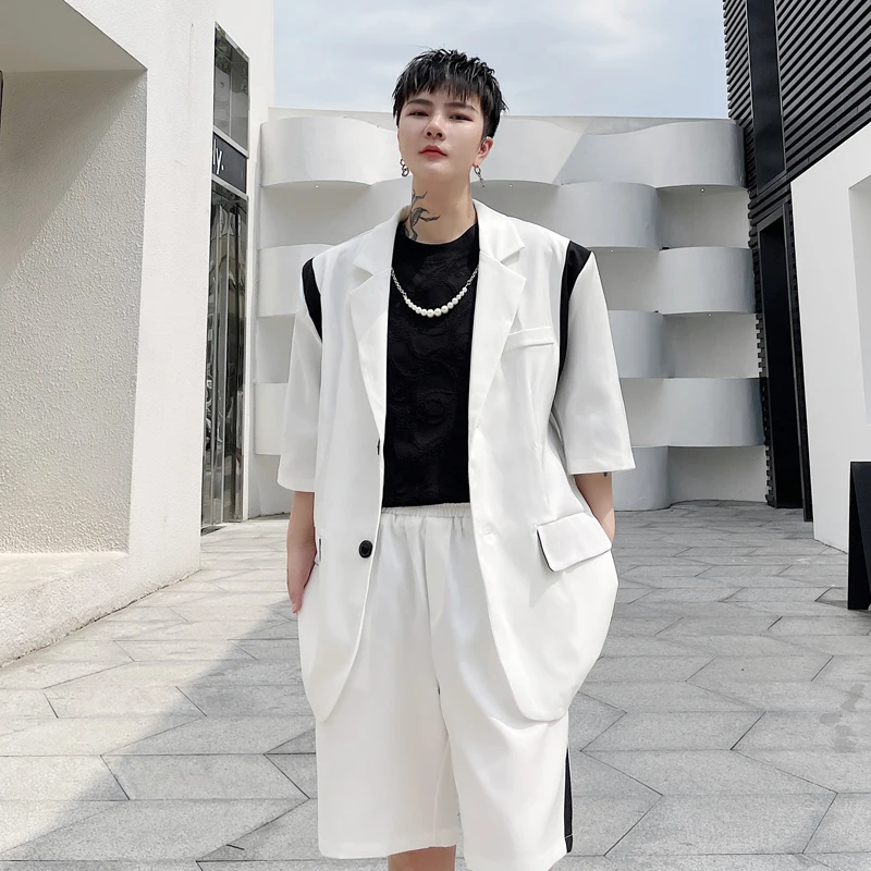 

Summer personalized color contrast splicing Korean men's short sleeve suit hairstylist youth Suit Shorts two piece set