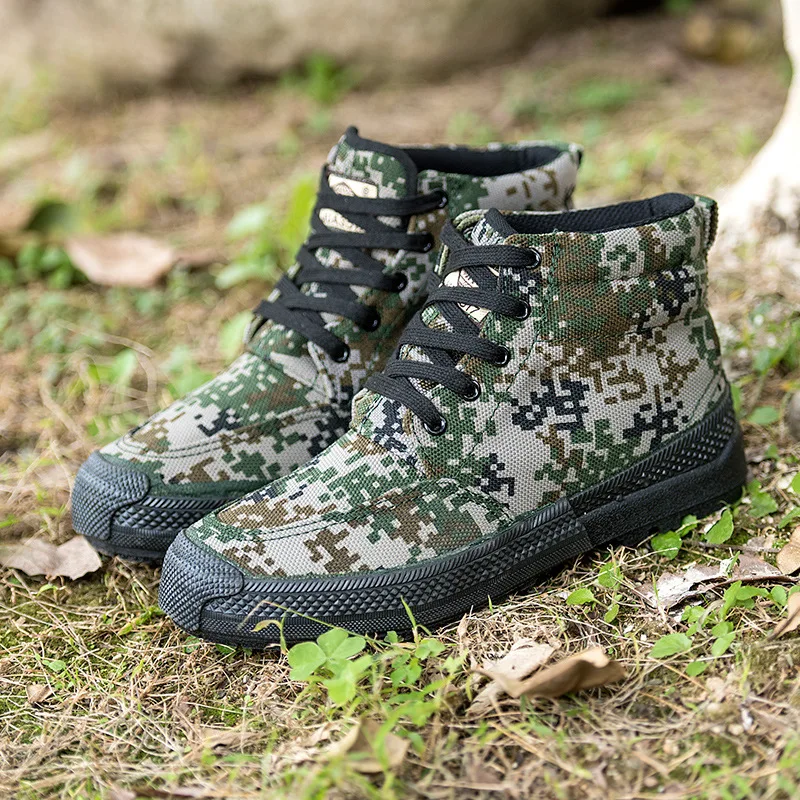 Mężczyźni kobiety wysokie antypoślizgowe płócienne buty Camo Outdoor Jungle piesze wycieczki polowanie trening oddychające odporne na zużycie buty