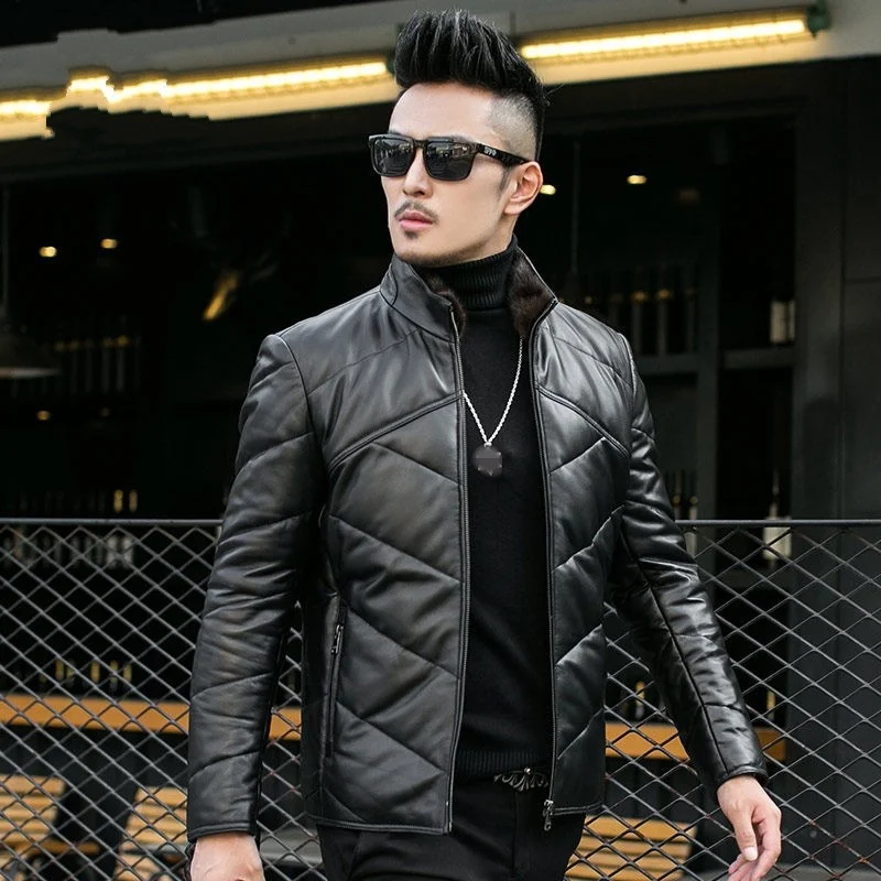 Sheepskin Brand Down Coat Men Slim Short Genuine Leather Jacket Stand Collar Winter Fleece Warm Casual Outerwear Plus Size 4XL