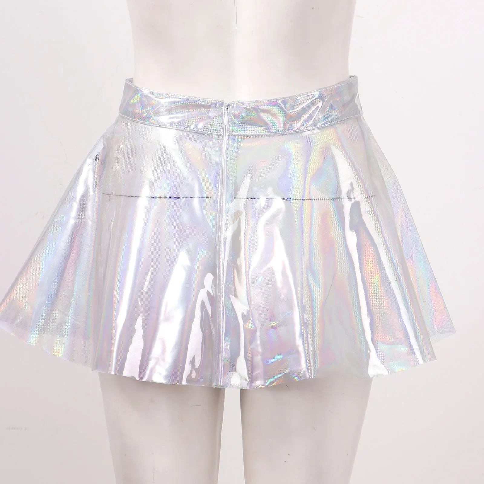 Sexy See-through Glossy Skirts Womens Club Shiny High Waist Flared Mini Skirt Fashion Rave Party Clubwear Zipper Mini Skirt