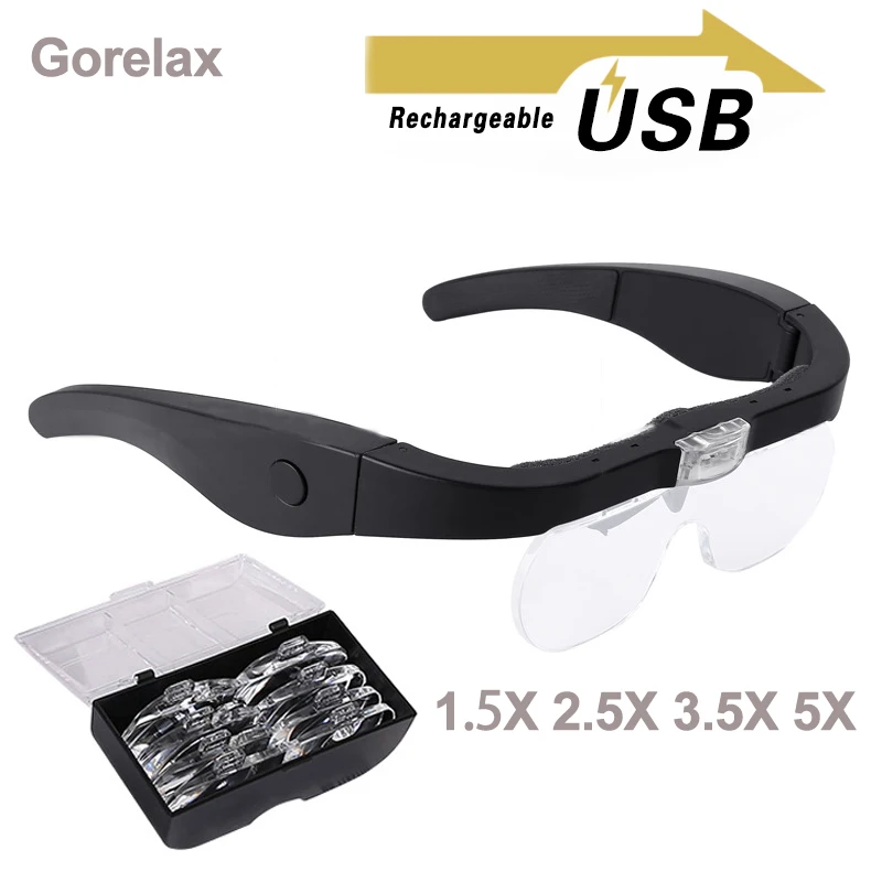 

1.5X 2.5X 3.5X 5X Head Mount Glasses Magnifier, USB Charging Headband Magnifying Glass with 2 Led Lights Headset Magnifier Loupe