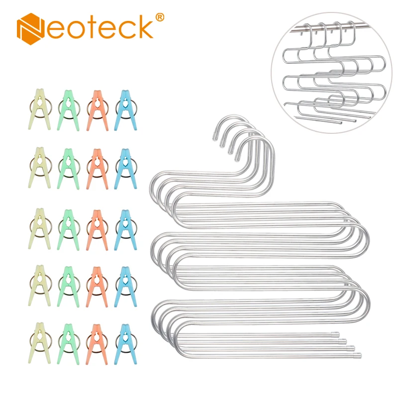 

Neoteck 4 Pack Stainless Steel S-Shape Premium Pants Hanger 5 Layers With 20pcs Clips For Multi-Use Space Saver