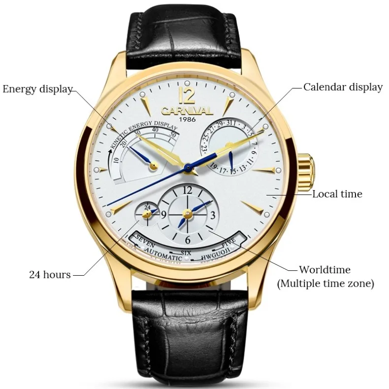CARNIVAL New Dual Time Zone Watches for Men Automatic Multifunction Men Mechanical Wristwatches Sapphire Calendar Montre Homme