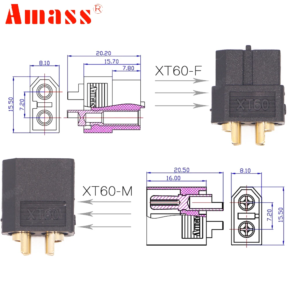 5pair/lot AMASS XT60 60A-100A Male Female Brass Golden Plated Bullet Connectors Plugs For RC Lipo Battery Quadcopter Multicopter