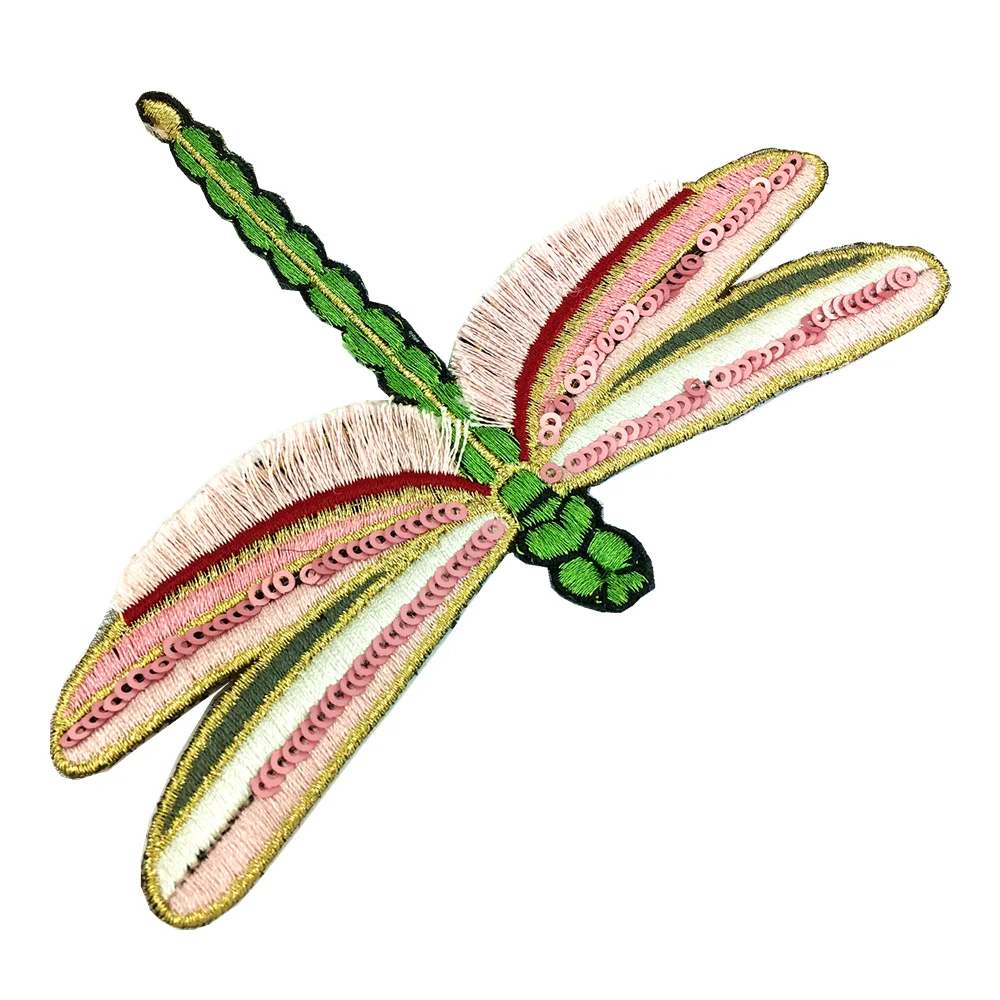 10pc Pink 3D Dragonfly Embroidery Patch Sequin Beaded Patches For Clothing Applique Clothes Parches Bordados Ropa Sew On AC1516
