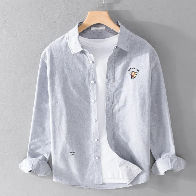 New Designer Embroidery Long-Sleeved Brand Cotton Shirts Men Casual Solid Fashion White Tops Clothing Camisa Masculina Chemise