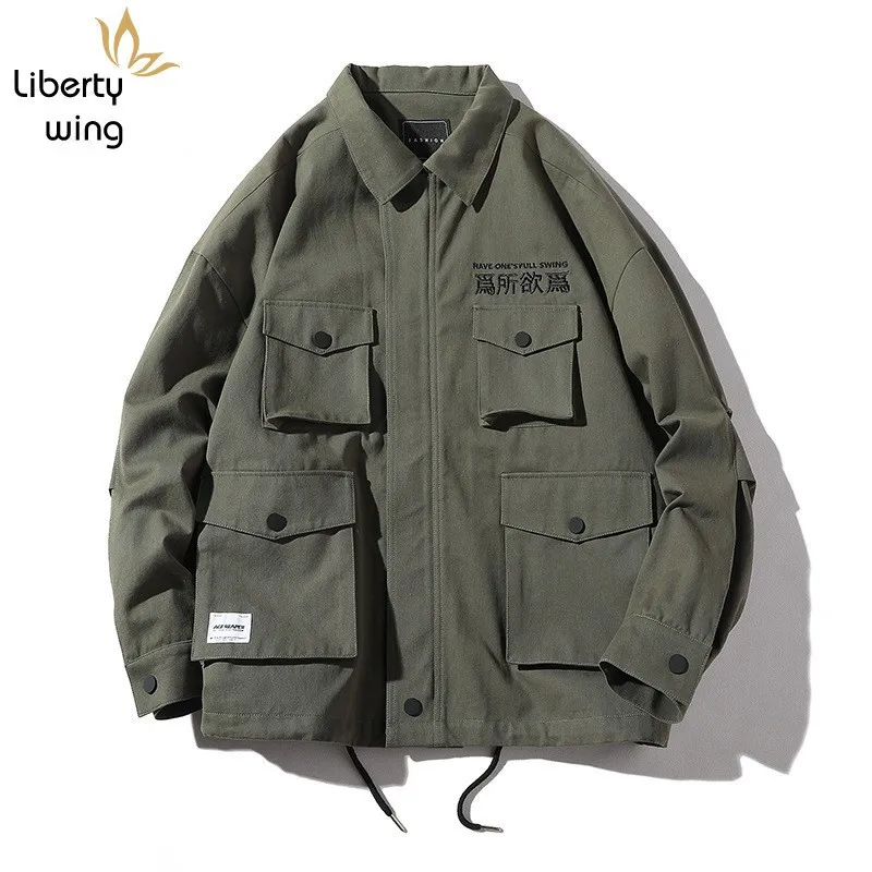 

Autumn New Embroidered Multi-Pockets Men High Street Casual Army Green Work Jacket Loose Fit Long Sleeve Outwear M-2XL