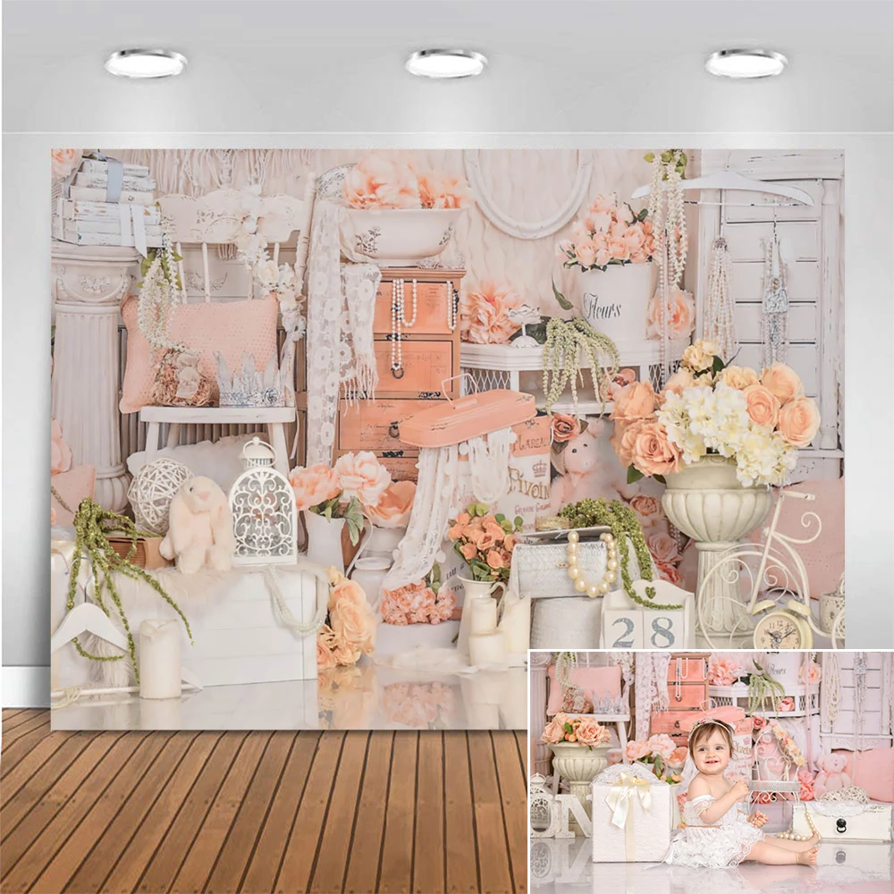 

Newborn 1st Birthday Photography Background Kids Cake Smash Party Theme Backdrop Flower Baby Pink Curtains Photo Studio