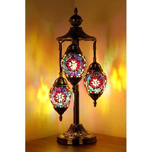 

LaModaHome 3 Globe English Table Lamp Tiffany Style Mosaic Glass Moroccan Lantern Bedside Light for Living Room Bedroom (Multi-C