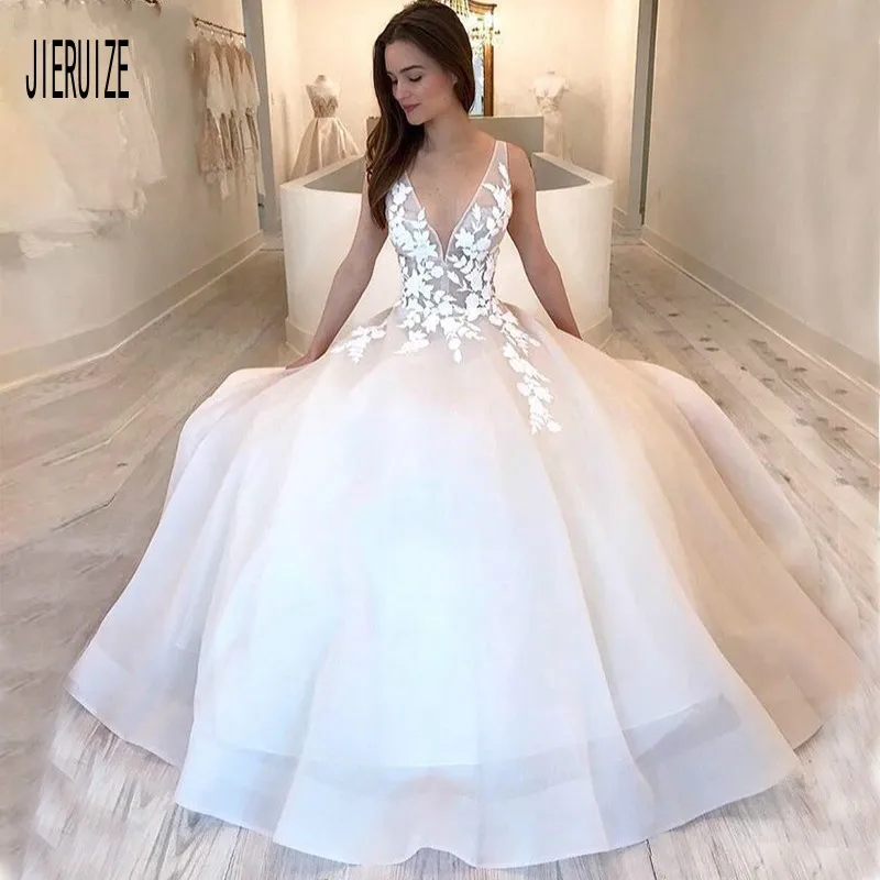 

E JUE SHUNG 2019 New White Ivory Organza Wedding Dresses Sleeveless V Neck 3D Floral Applique Bridal Gowns Robe De Mariée