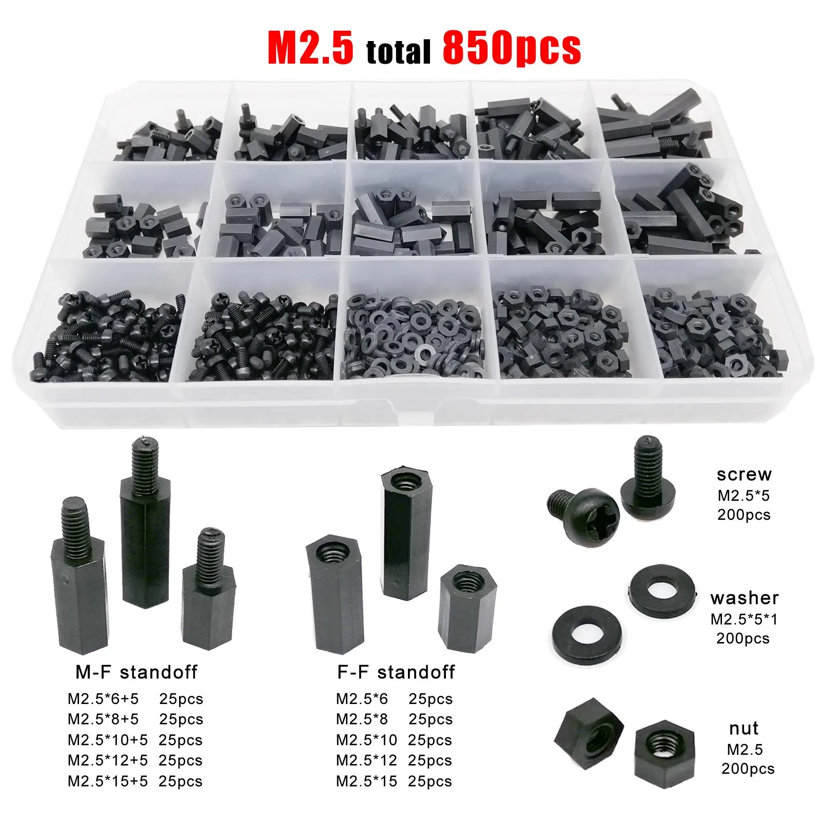 445/1300pcs M2 M2.5 M3 M4 Black Plastic Nylon Insulated Hex Standoff Hexagon Pillar Spacer Column Screw Nut Assortment Kit Set