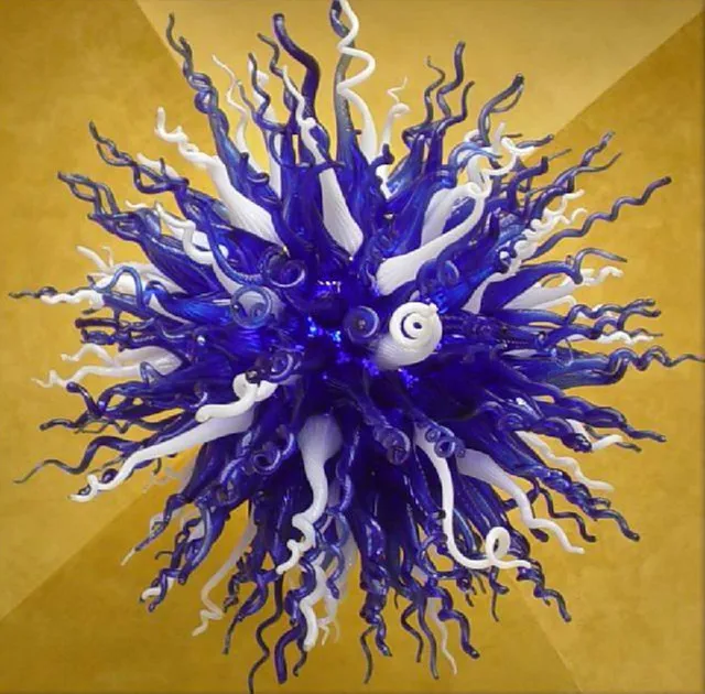 Hand Blown Glass Chandelier Round White and Cobalt Blue Color Modern LED Pendant Lamps for New House Art Decoration