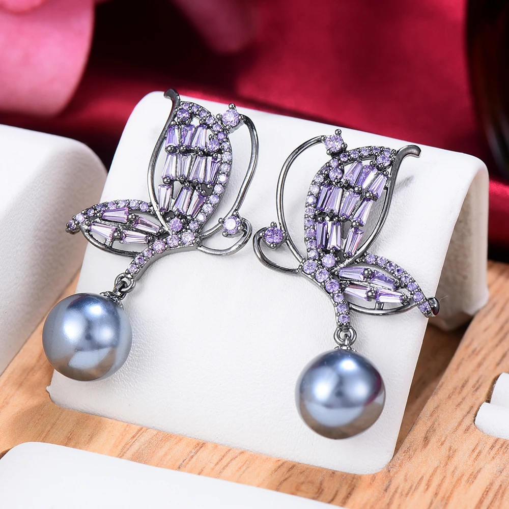 

Missvikki Romantic Cute Purple Butterfly Pendant Earrings For Women Wedding Cubic Zircon CZ Engagement Indian earrings for women