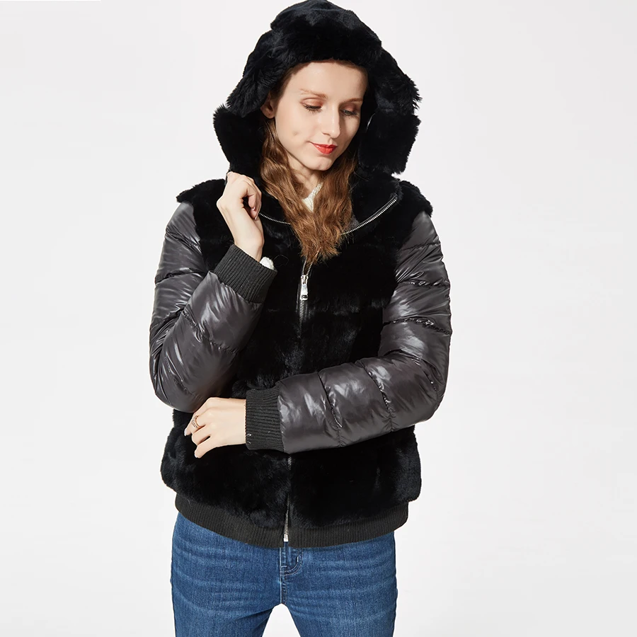 

CNEGOVIK natural short rex rabbit fur coat women winter fur jacket with fur hood fanshion new outwear down sleeves coat sporty