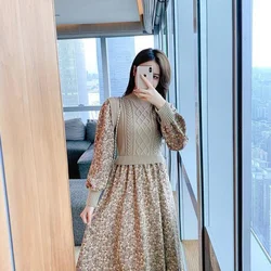 Women Autumn Winter Spring Floral Print Patchwork Faux Two Piece Knit Sweater Dress 2025