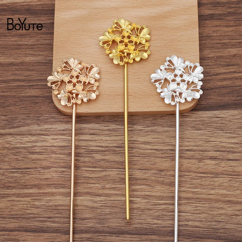 BoYuTe (10 Pieces/Lot) 36MM Alloy Butterfly Flower Welding 120*2.5MM Iron Hair Stick Materials Diy Handmade Hair Accessories