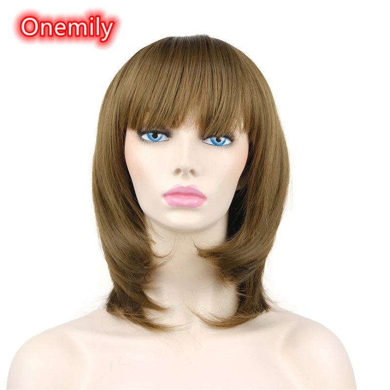 

Onemily Medium Length Straight Synthetic Wigs with Bangs for Women Girls Cosplay Theme Party Evening Out Dating Fun 4 Colors