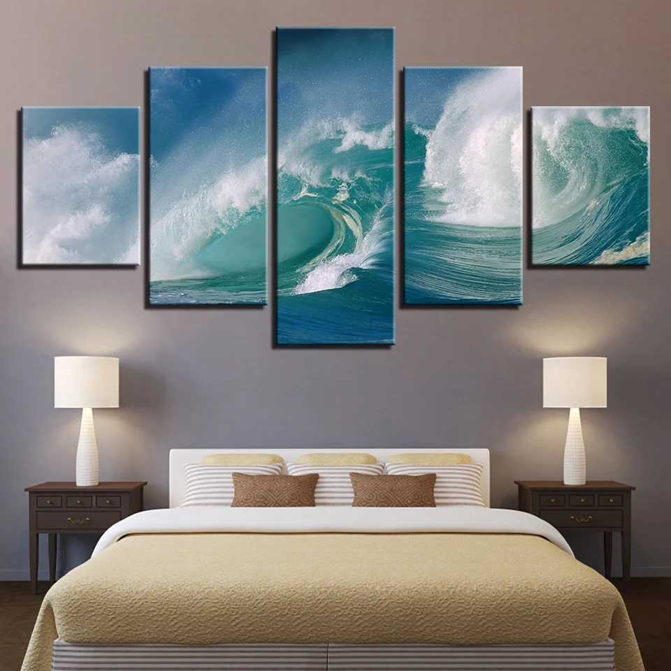 Canvas Paintings 5 Pieces Surged Sea Waves Seascape Pictures Modern Living Room Wall Art Framework Home Decor HD Prints Posters