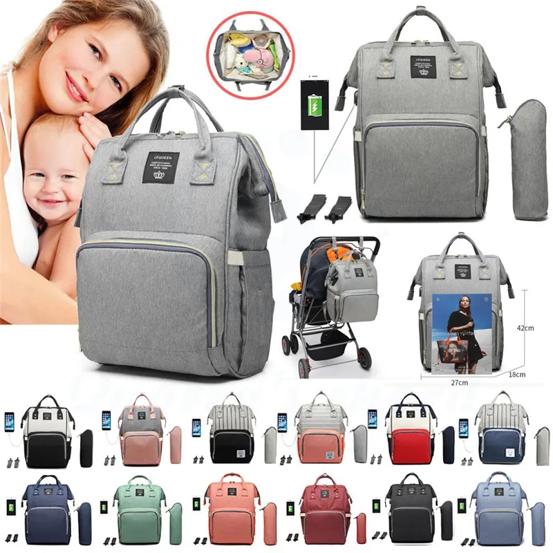 

Diaper Bag Backpack Lequeen Large Baby Bag with Changing Pad Travel Back pack Built in USB Waterproof Maternity Bag