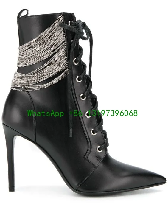 Ladies black lace-up ankle boots classic pointed toe fine zipper shoes everyday spring/fall footwear boots pointed toe size 37