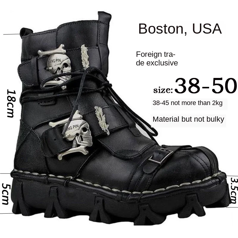 Men\'s Cowhide Genuine Leather Work Boots Military Combat Boots Gothic Skull Punk Fashion Boots Motorcycle Boots 50 Vintage