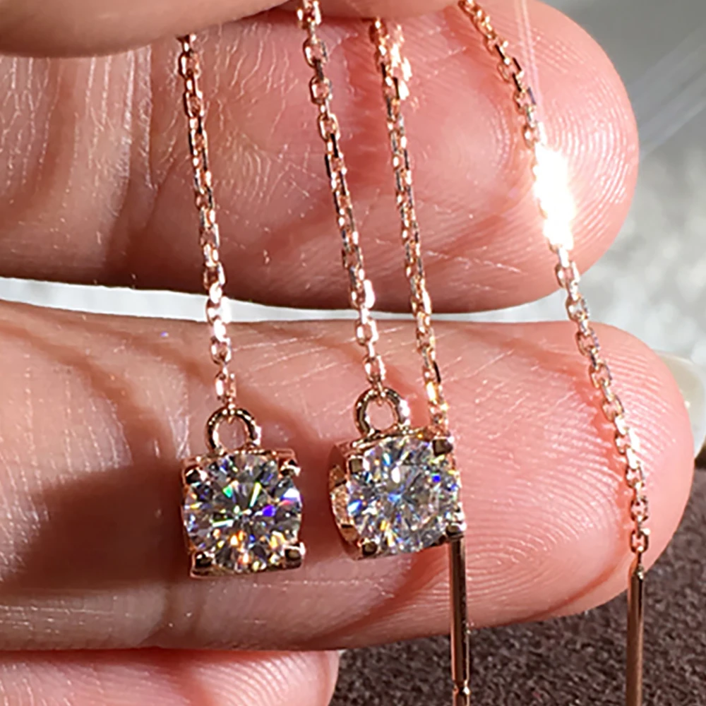 Custom Solid 14K Rose Gold 1 Carat Drop Earrings Line Women Wedding Anniversary Engagement Party Round Tassel Moissanite Diamond