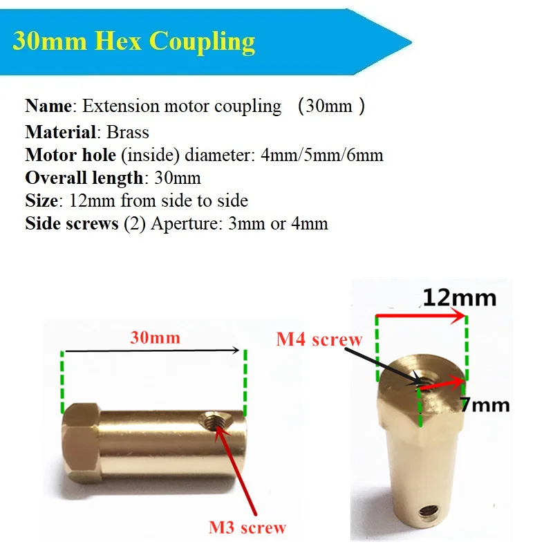 2pcs Hex Coupling/ Coupler /Hexagon Connector Copper Product /Length 30mm 6 mm,5mm,4 mm,3mm/Wheel,Motor Part for Smart Car,Robot